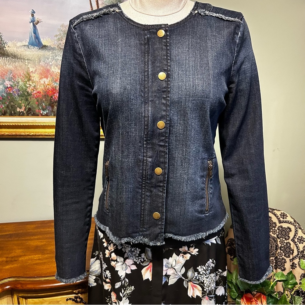 Lucky Brand Blue Snap Front Hidden Zip Fringe Edge Denim Jacket